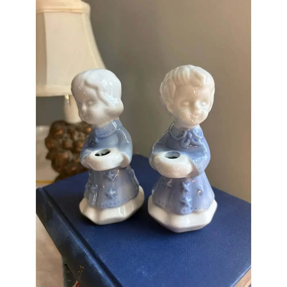 Vintage 1960s blue and white porcelain birthday candle holders figurines